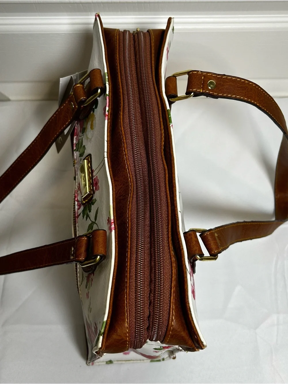 b.o.c. Born Concept Floral Satchel Handbag White Faux Leather Brown Trim 12.5”